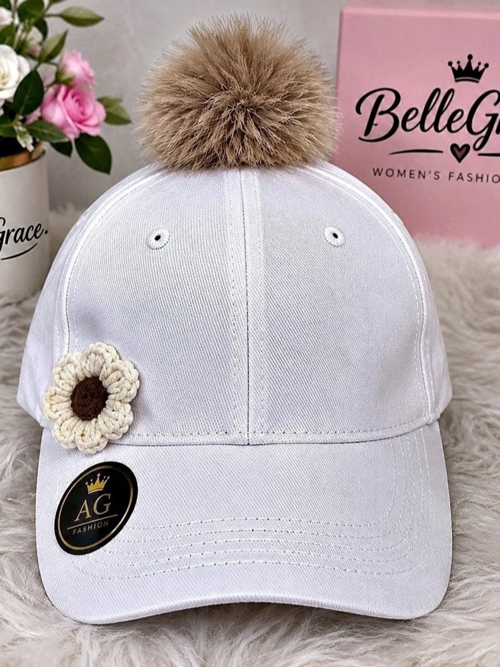 Belle Grace Pom-Pom Flower Baseball Cap NWT